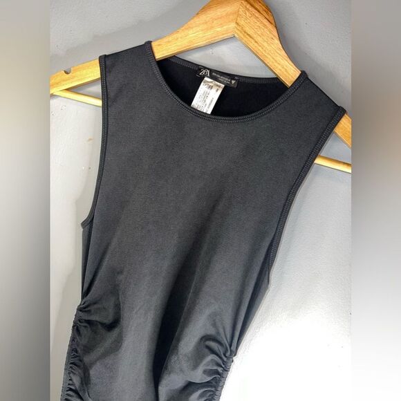 ZARA solid black Ruched Tie Sides Mini Dress Size Small NWOT fairy grunge - Picture 4 of 5